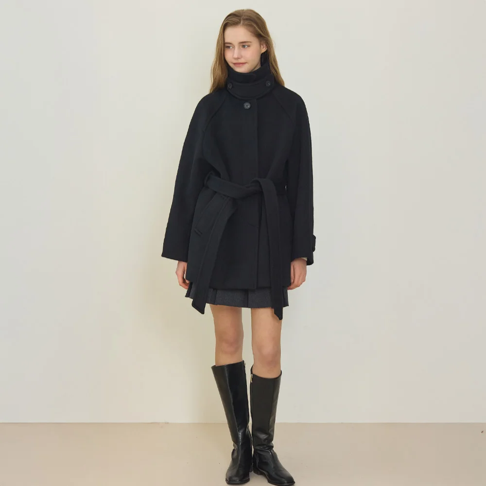 Raglan Belted Wool Half Coat - Black