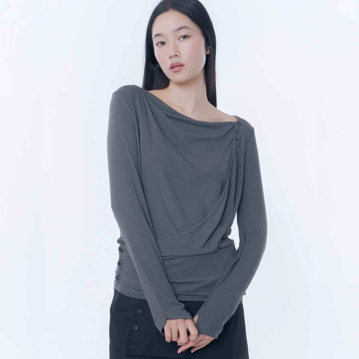 Draped button long sleeve CHARCOAL