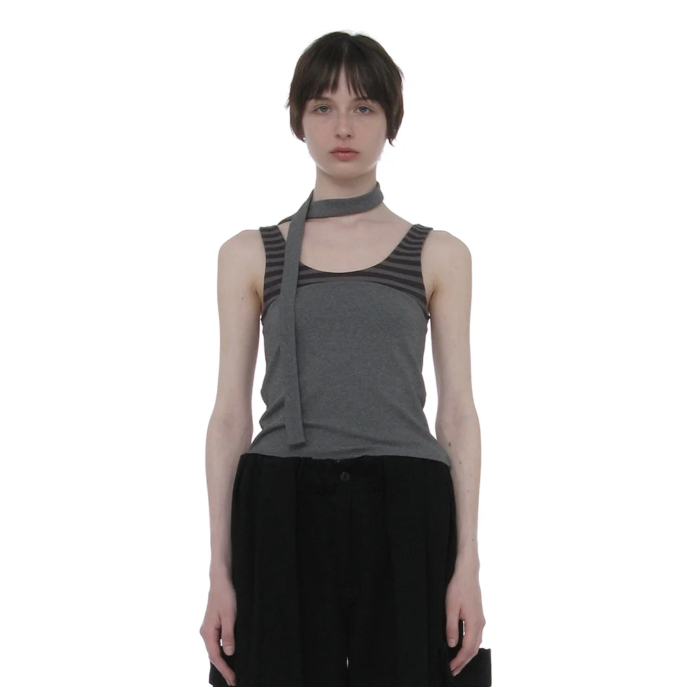 DETACHABLE TIE-NECK SLEEVELESS TOP_CHARCOAL MELANGE