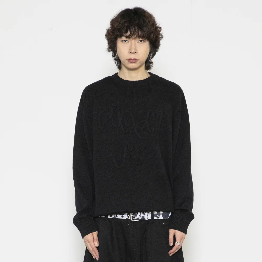 GNT070 VHS 線條 刺繡 圓領 針織衫 (BLACK)