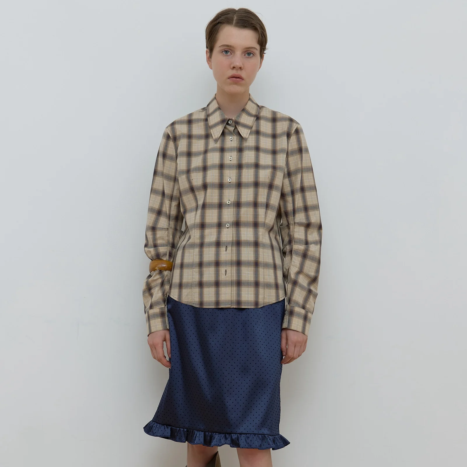 CHECK PIN-TUCK SHIRT_BEIGE