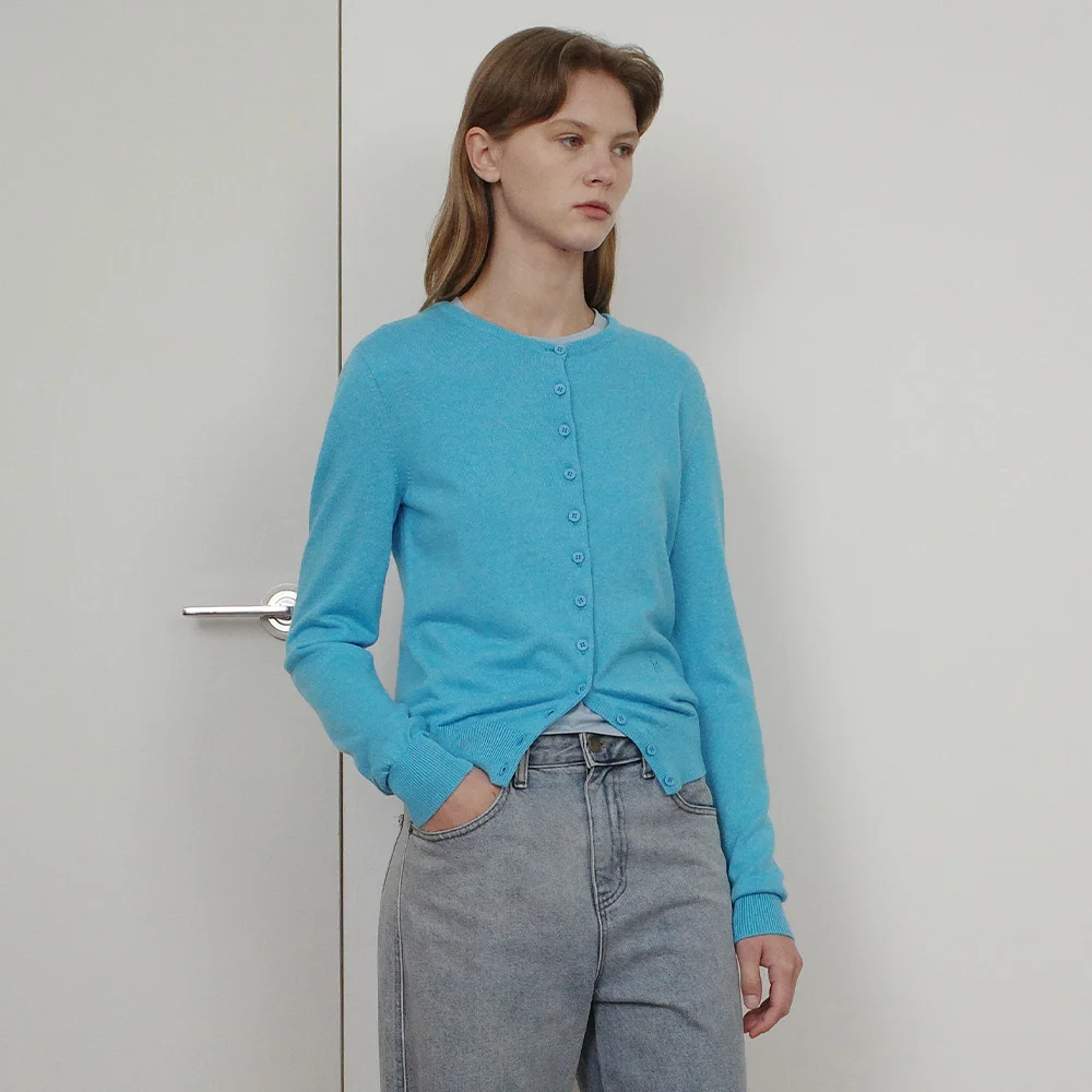 COTTON BASIC ROUND CARDIGAN - BLUE
