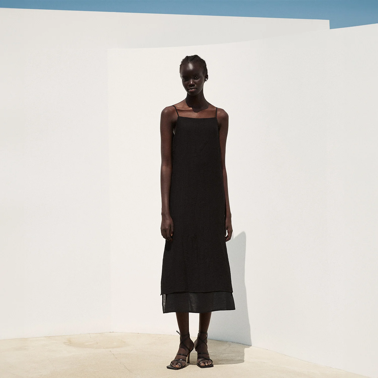 SQUARE NECK LAYERED MIDI DRESS BLACK
