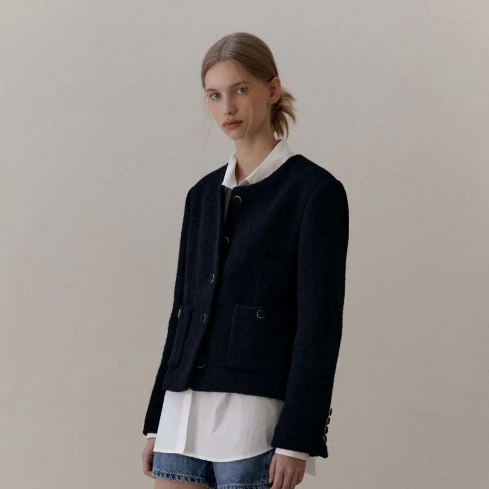WOOL BOUCLE TWEED JACKET NAVY
