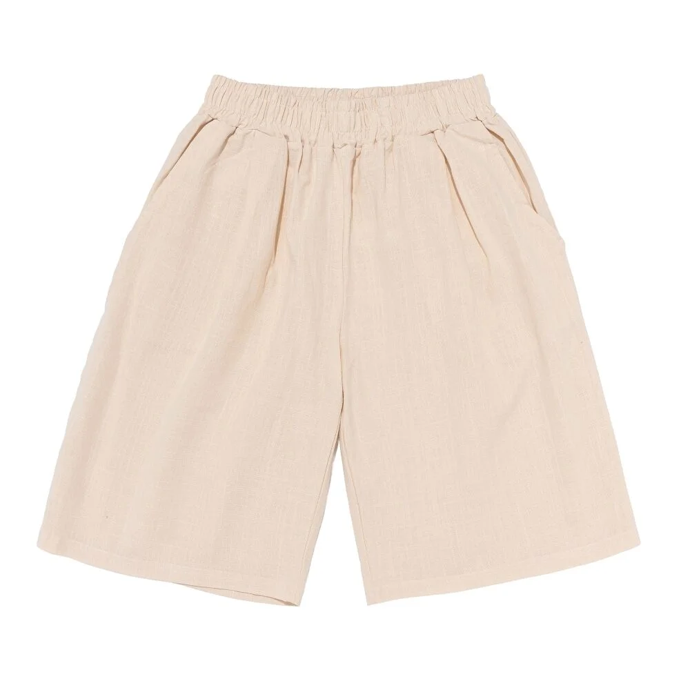 LINEN LIKE PINTUCK WIDE SHORTS (BEIGE)