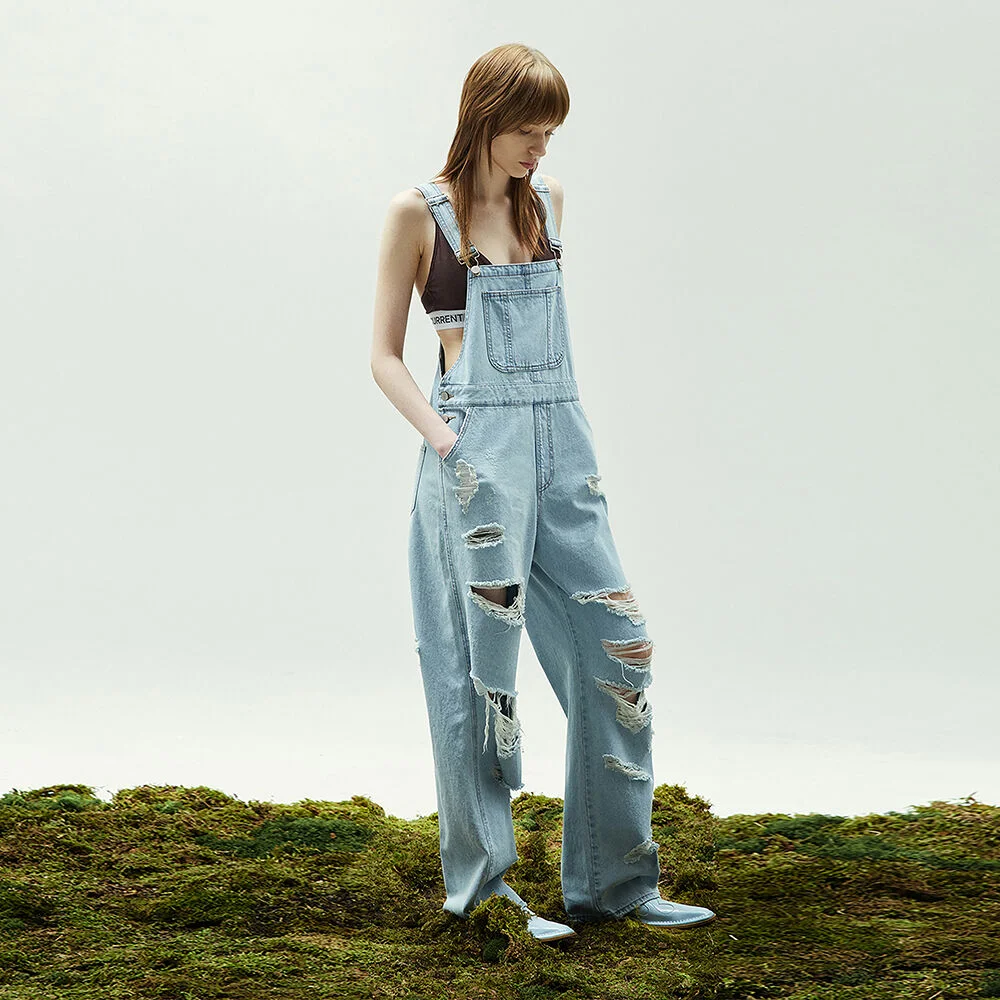 DISTRESSED DENIM OVERALLS