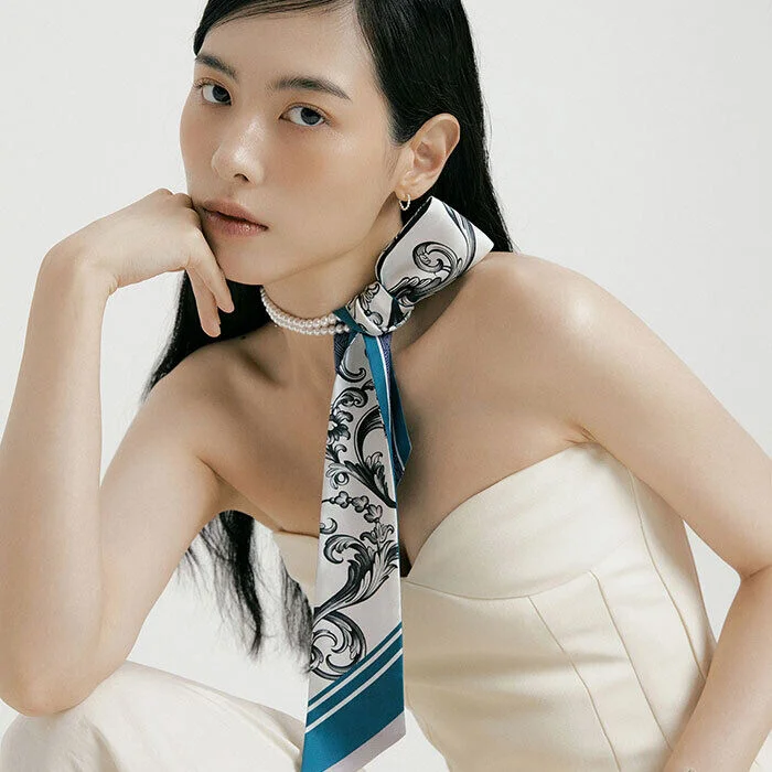 Baroque-Teal Long Twilly Silk Scarf