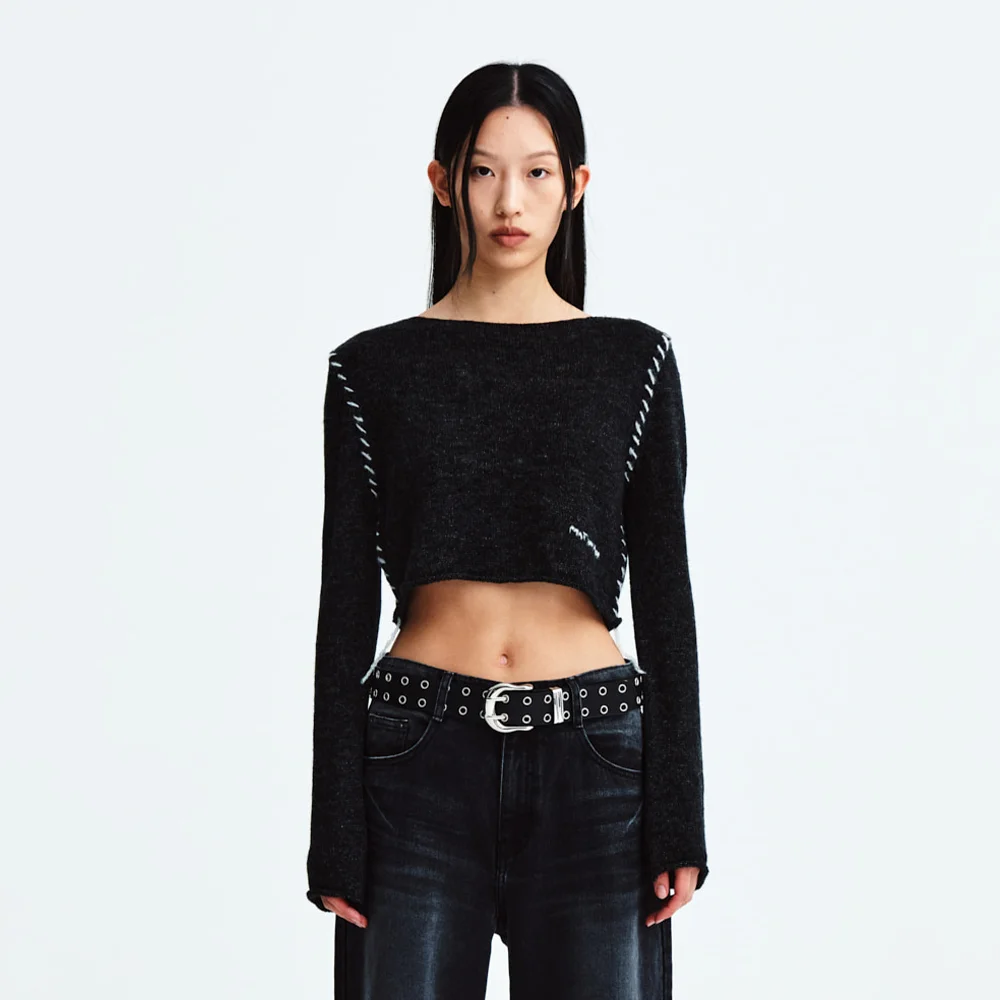 SLIMFIT SEE THROUGH STITCH KNIT TOP IN BLACK