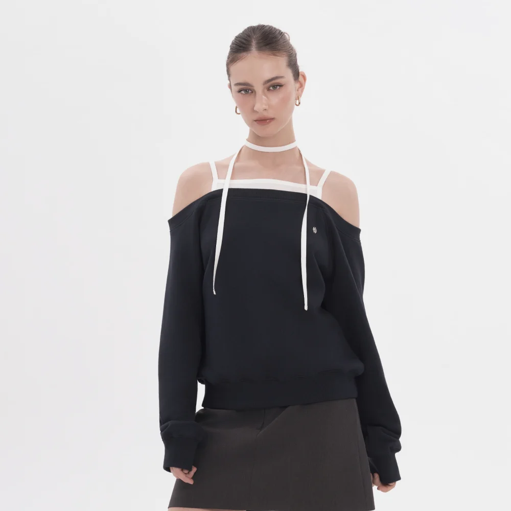 Rhea String Off Shoulder Sweatshirt - Navy