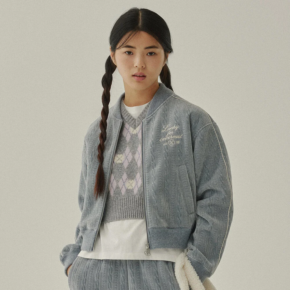 女裝 絞花 短身外套 拉鏈 外套 Ash Blue