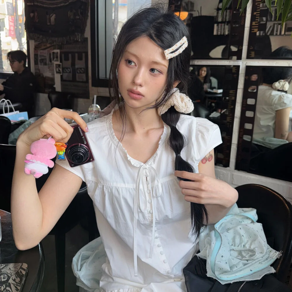(女裝) 鈕扣 蓋袖 短袖 雪紡衫_白色