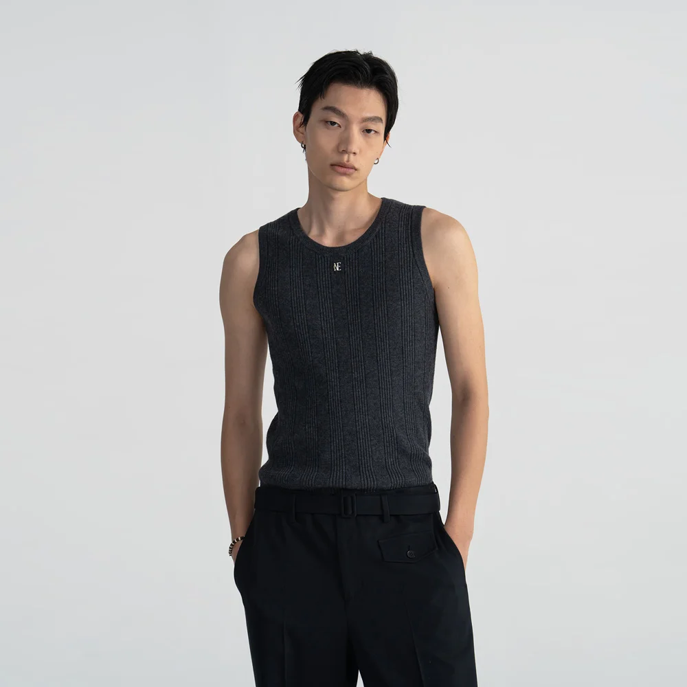 (M) RIBBED KNIT SLEEVELESS - CHARCOAL