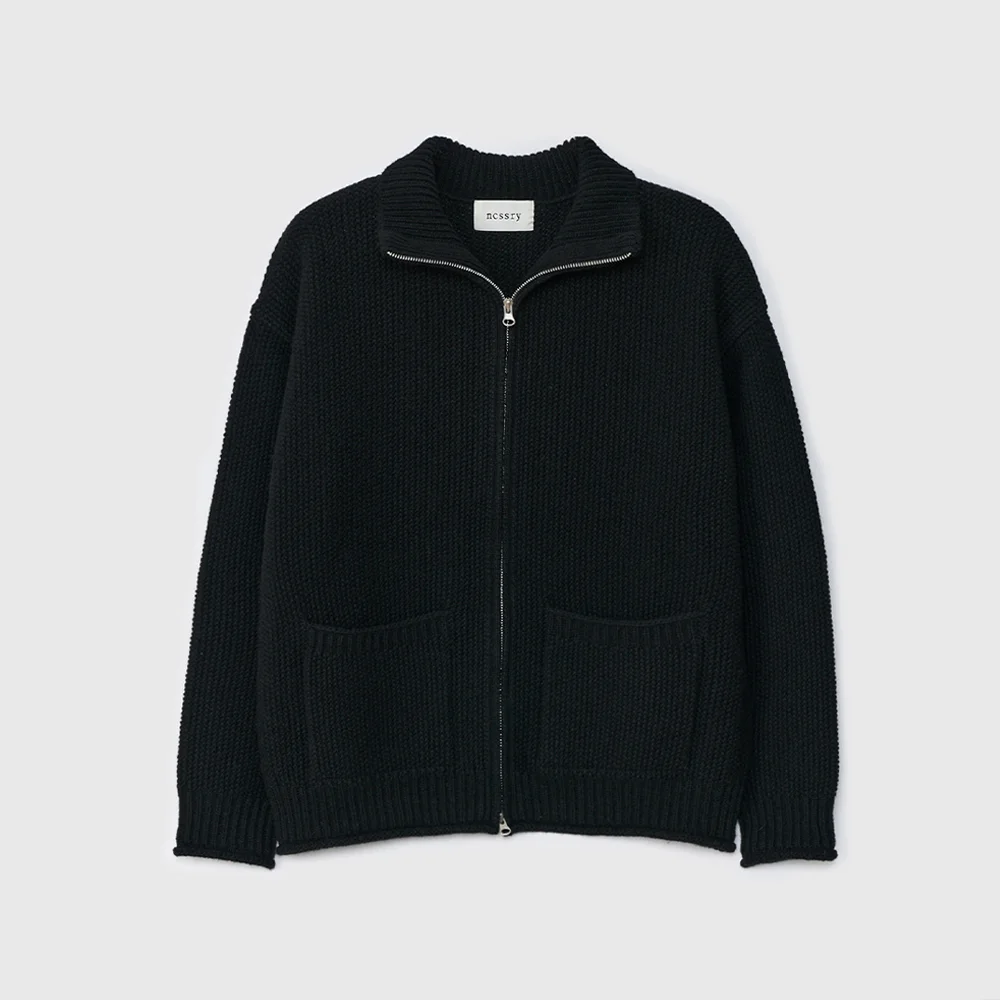 Shetland Wool Zip-Up Cardigan (Black)