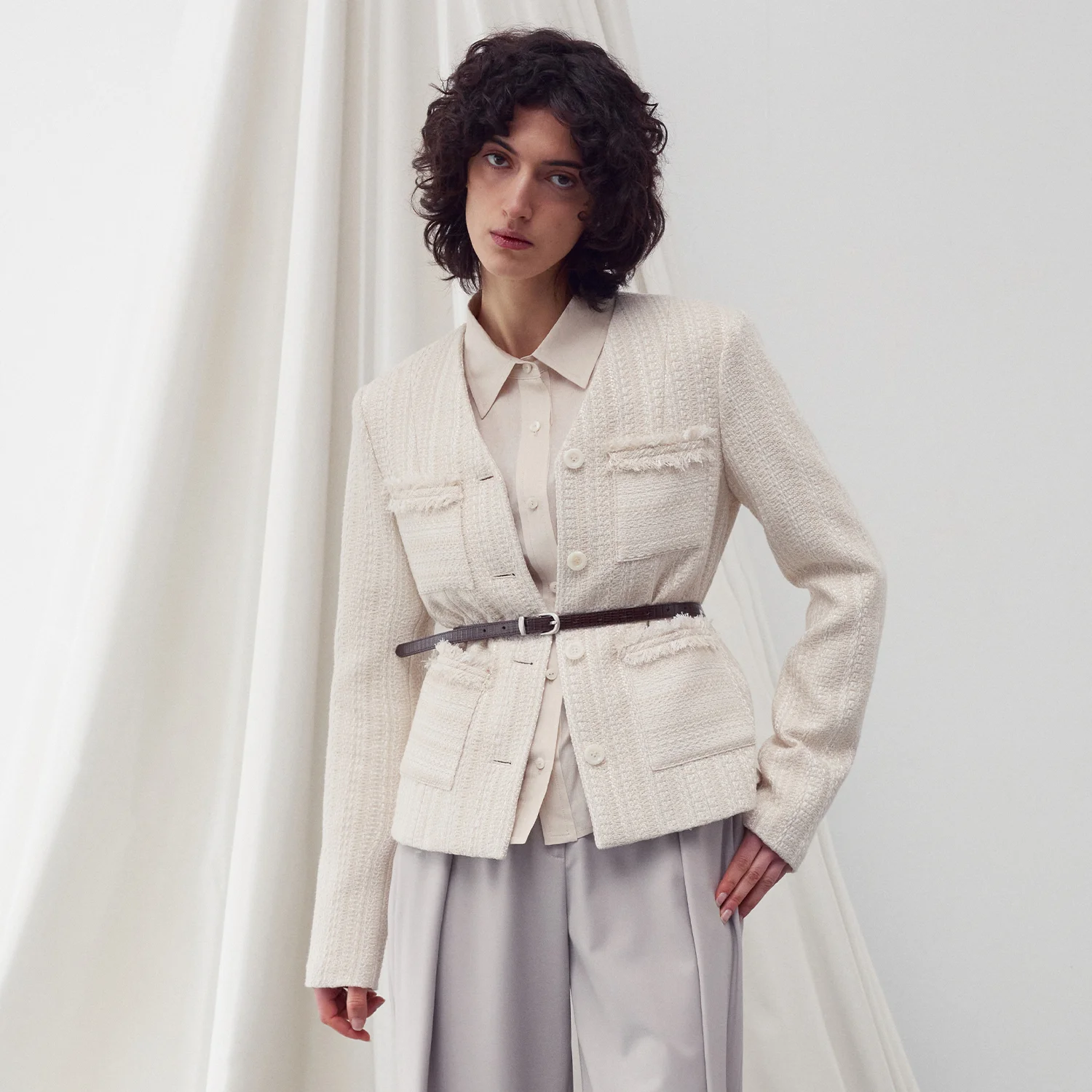 V NECK POCKET TWEED JACKET IVORY