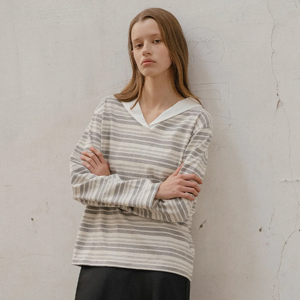 Shawl collar stripe t-shirt _Gray