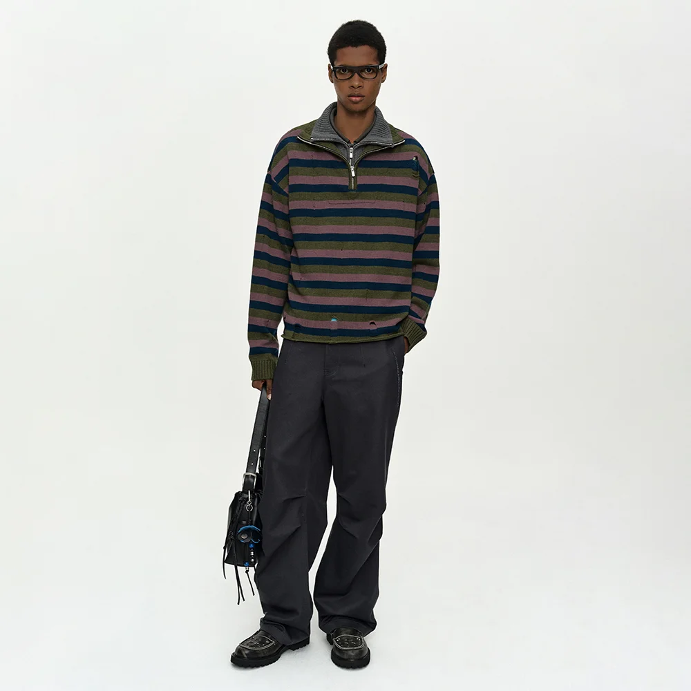 DOUBLE LAYERED STRIPE HALF ZIP-UP SWEATER atb1452m(BLUE/GREY)