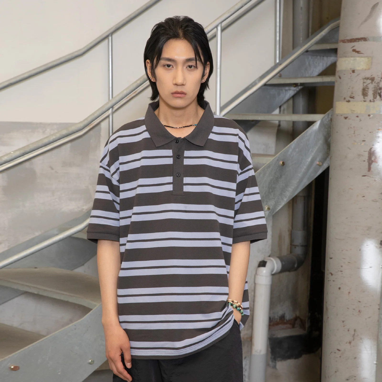 GT069 條紋 橄欖球 短袖 T恤 (BLUE/GRAY)