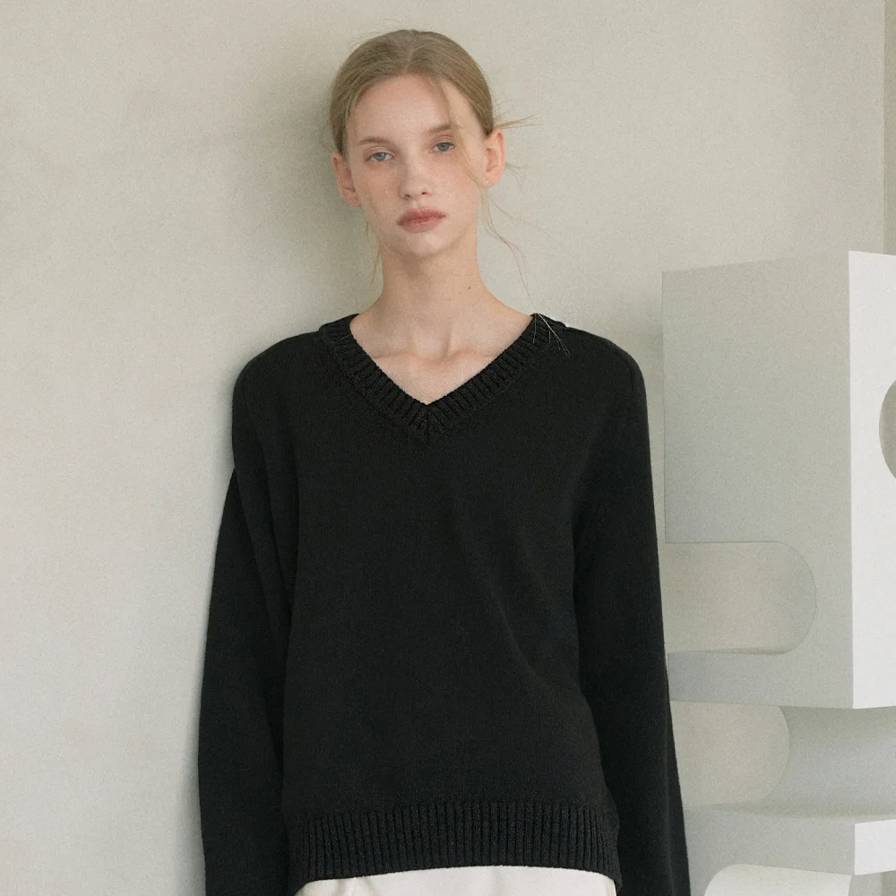 Cotton 100% V-neck Knit (black)