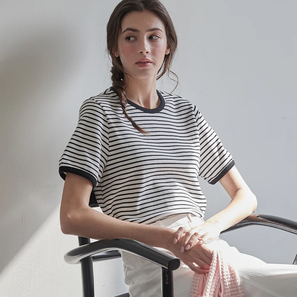 Ribbed binding B point T-shirt - Black stripe