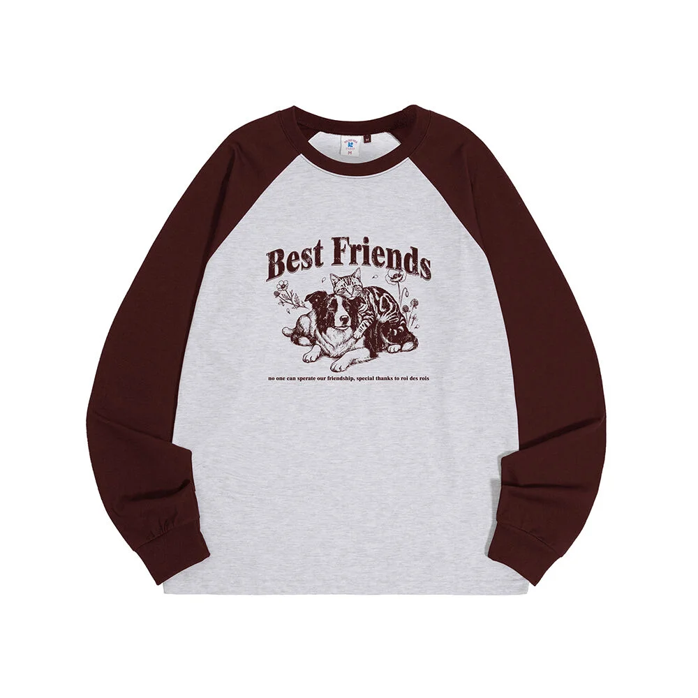 Friendship 手繪 藝術 插肩 長袖 T恤 (酒紅色)