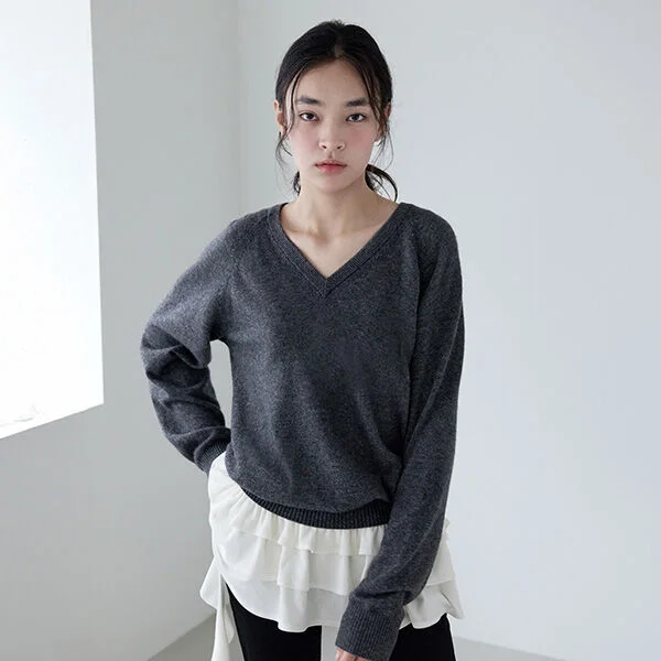 WOOL BLENDED V NECK BASIC KNIT GRAY