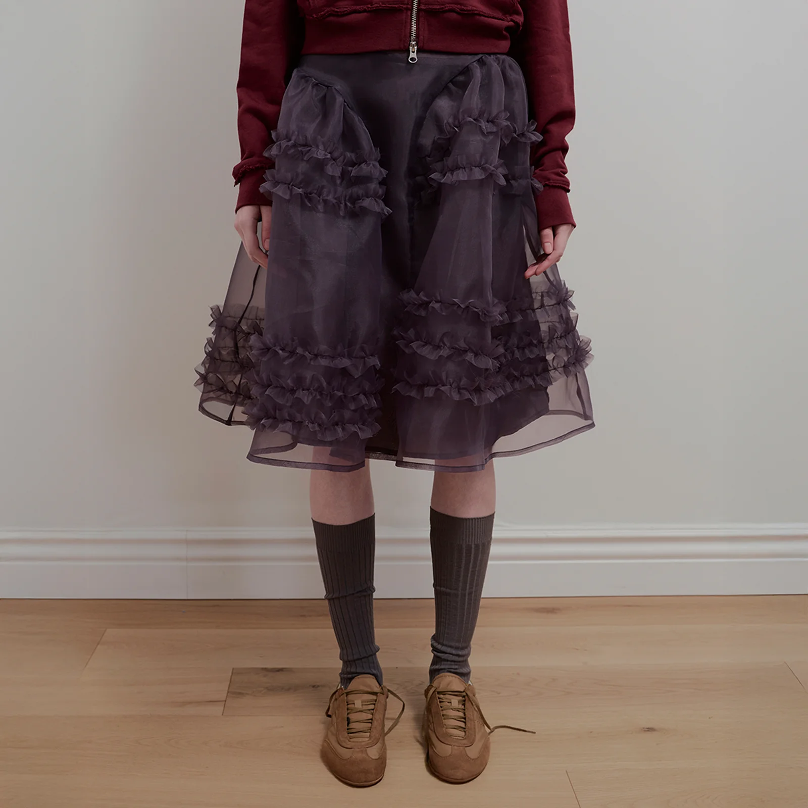 ORGANZA FRILL LAYERED SKIRT - CHARCOAL