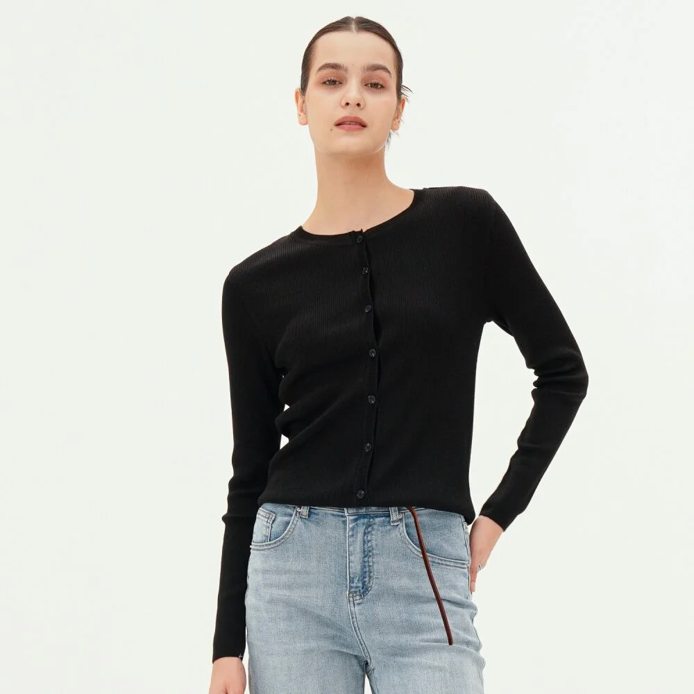 Round Neck Ribbed Cardigan _Black
