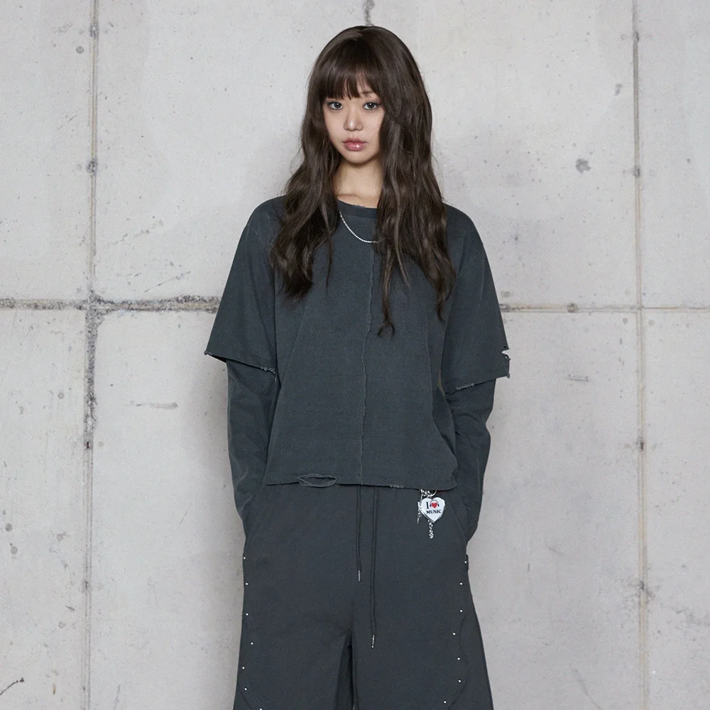 DESTROYED LAYERED T-SHIRT CHARCOAL BR4CL009