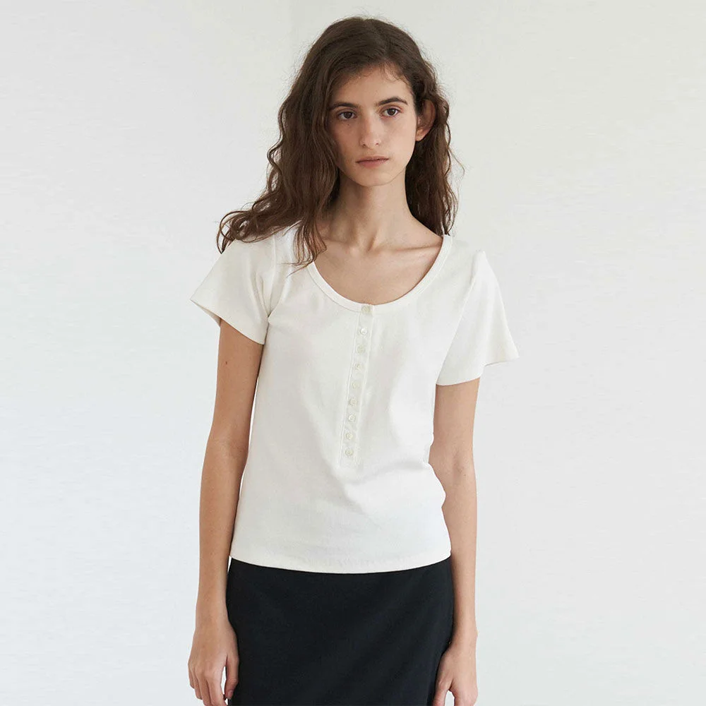U-Neck Button T-Shirt(White)