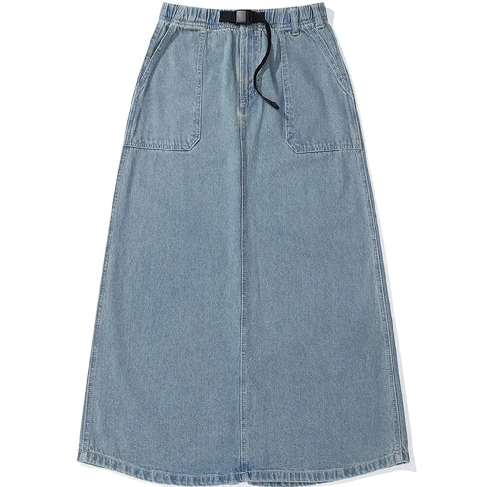 M-LABEL BELTED DENIM LONG SKIRT 淺色牛仔褲