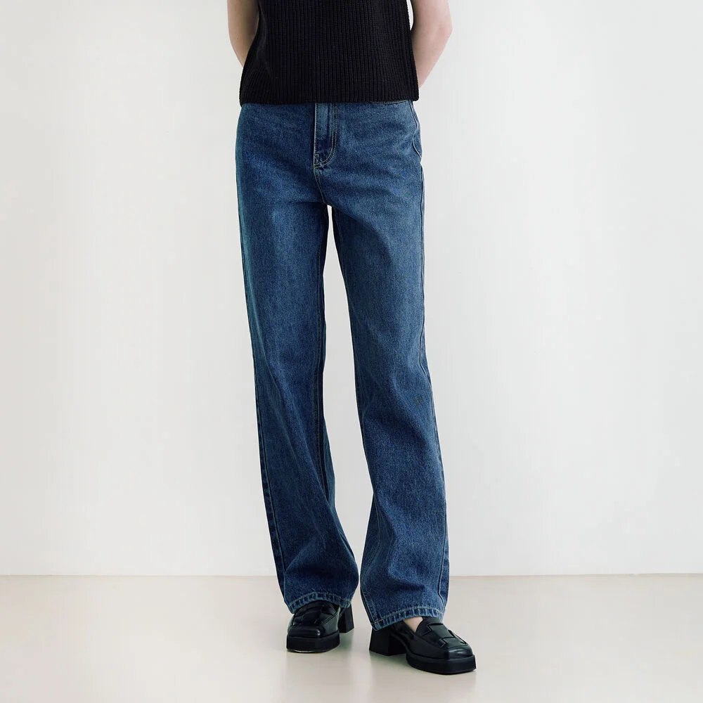 Leather label washing wide denim pants - blue