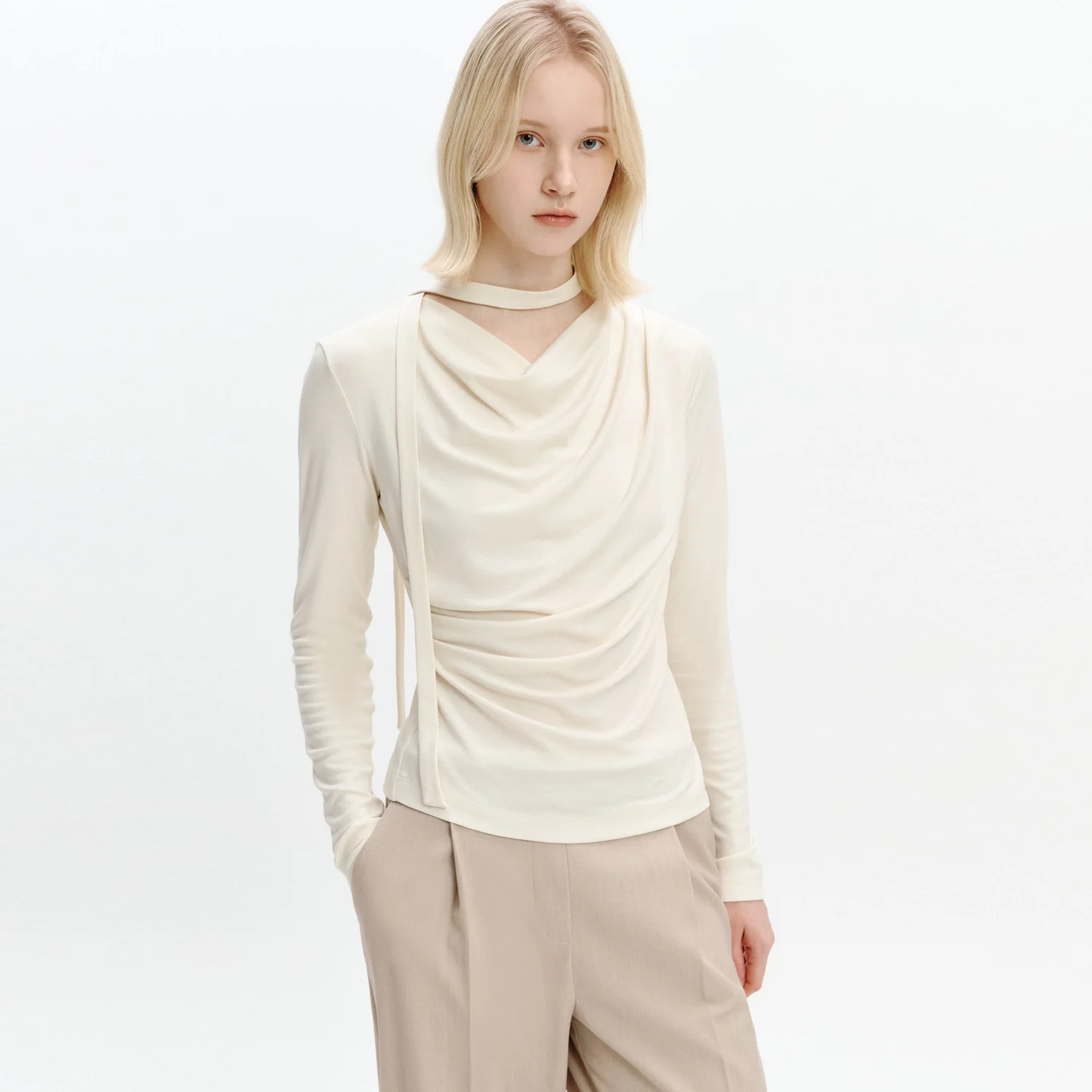 Cowl-neck Draped T-blouse BUTTER