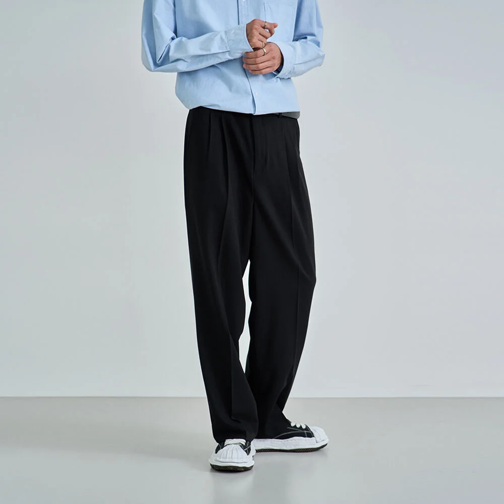 WOOL BLEND STRAIGHT WIDE TWO TUCK SLACKS