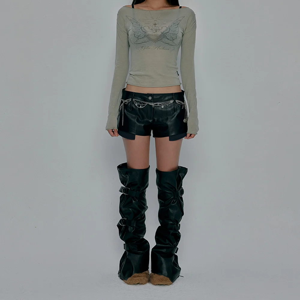 SHIRRING LEATHER SHORTS_BLACK
