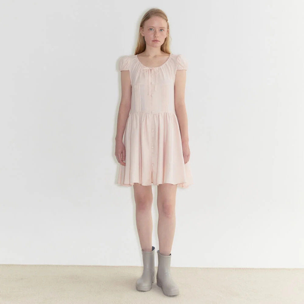 Puff Sleeve Pintuck Dress (Pink)