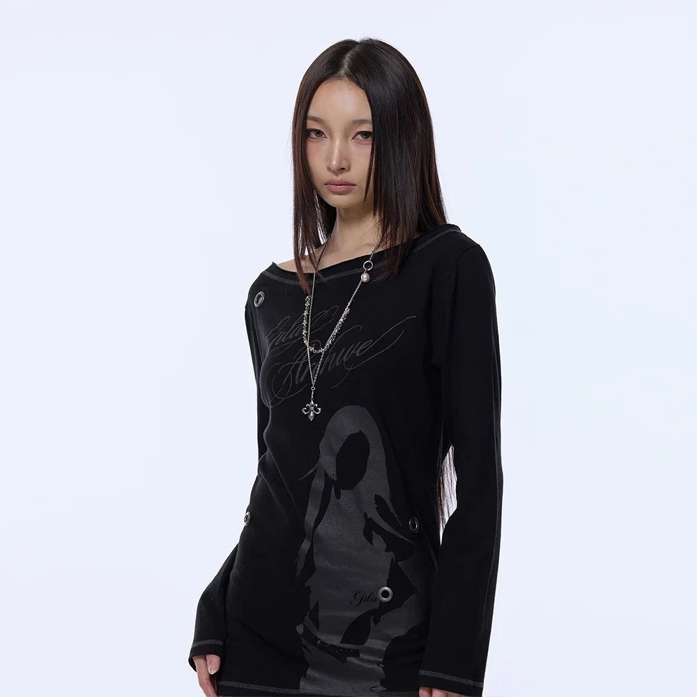 ONE SHOULDER EYELET LONG SLEEVE_BLACK