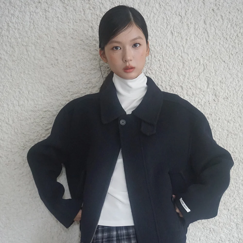 (woman) 飾扣 手工製 半 大褸_Navy