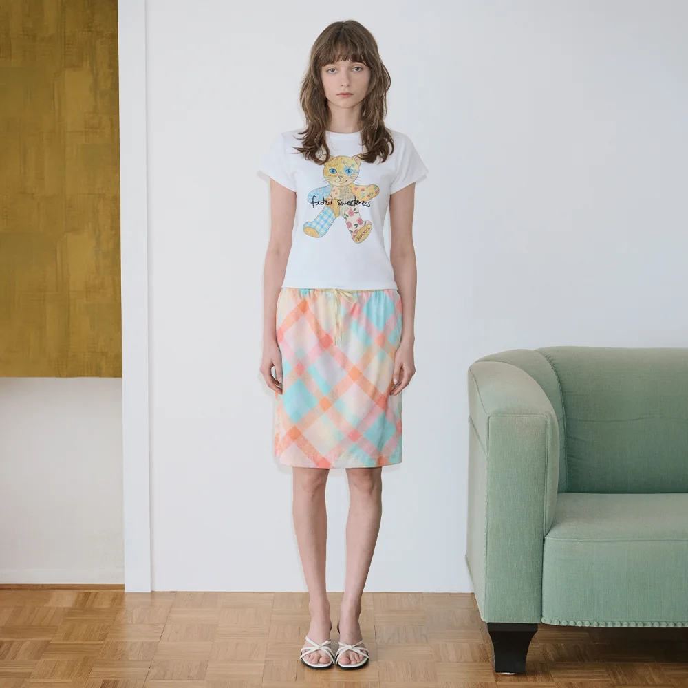 Check Printed Midi Skirt (Orange)