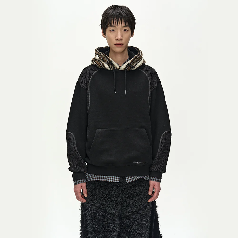 UNISEX KNIT PANEL FLEECE HOODIE (BLACK)