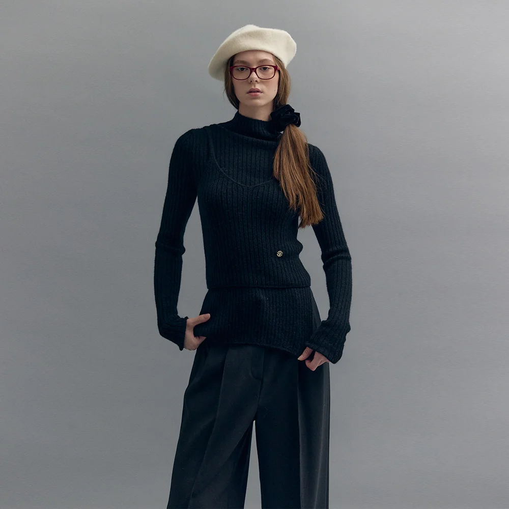 MOCK-NECK RIBBED LAYERED KNIT SET (moat black)