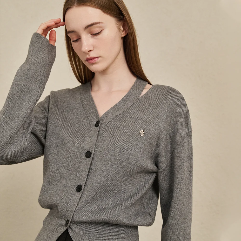 V-Neck Cut Out Cardigan - M. Gray