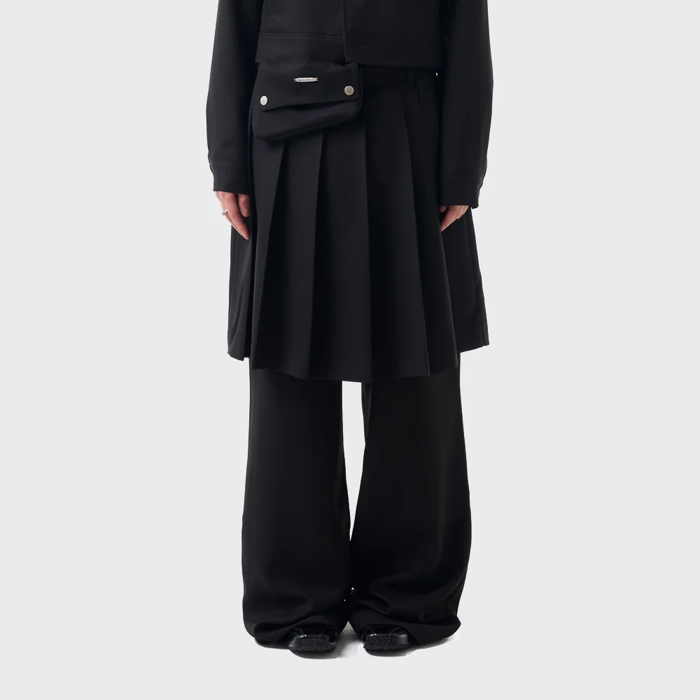 Belted Bag Pleats Midi Skirt (Black)