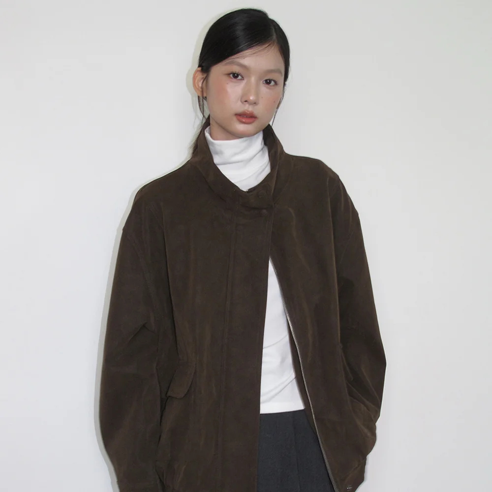 (woman) 高領 麂皮 口袋 短身外套_Brown