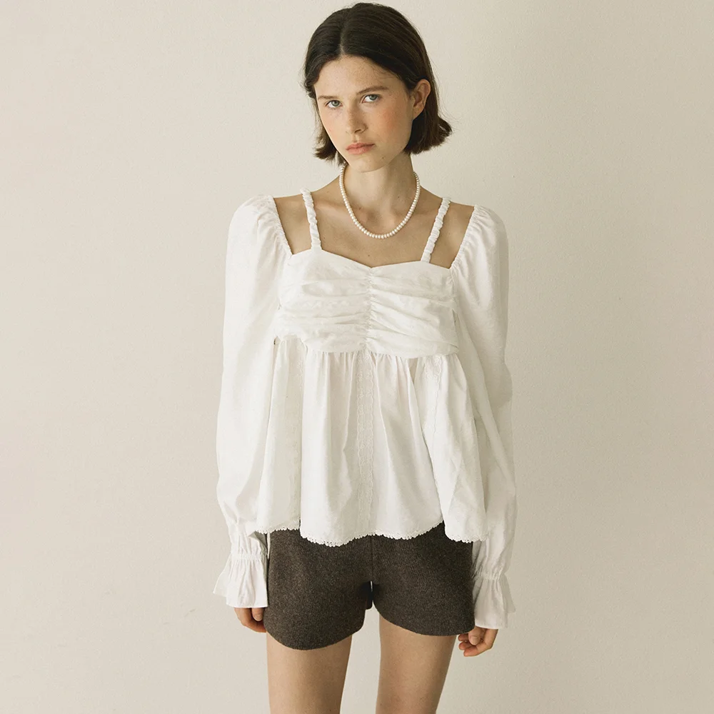 VIOLA SHIRRING LACE BLOUSE - IVORY