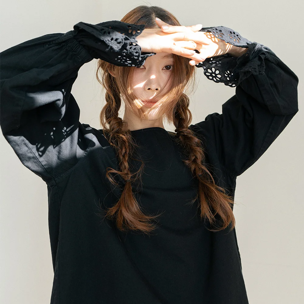 Eyelet Ruffle Sleeve Black Blouse