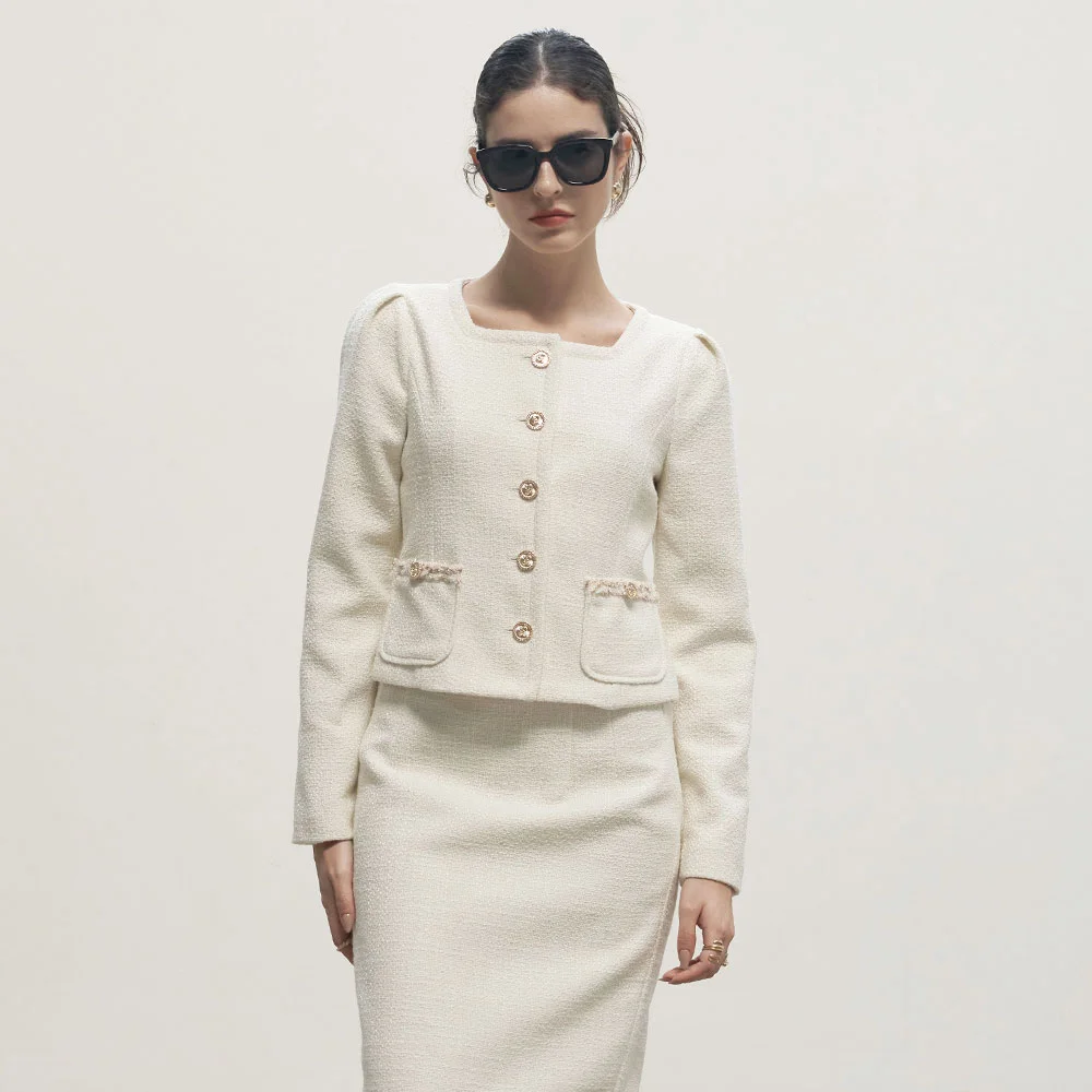 Tweed Puff Sleeve Jacket Cream