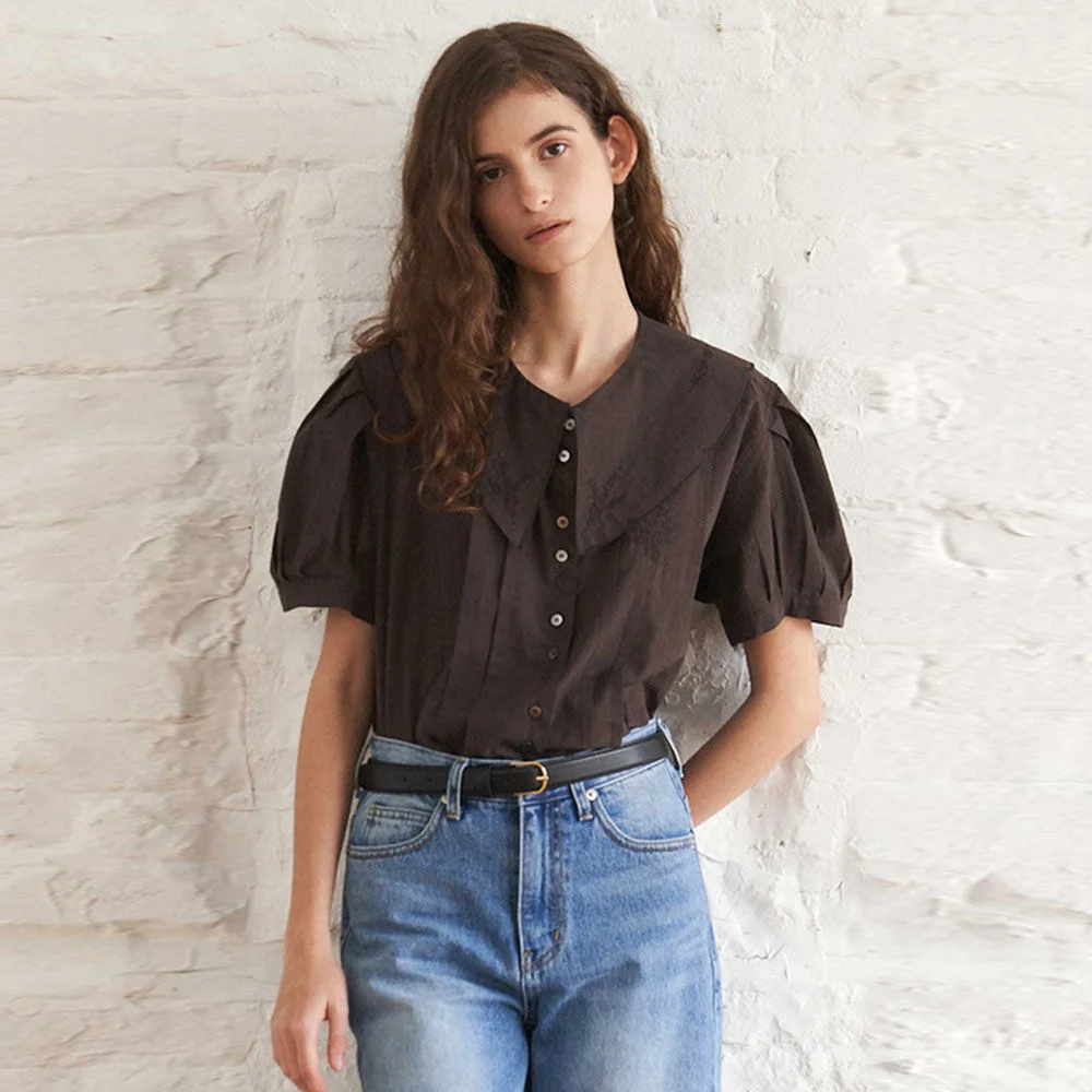 Collar Pin-Tuck Blouse(Brown)