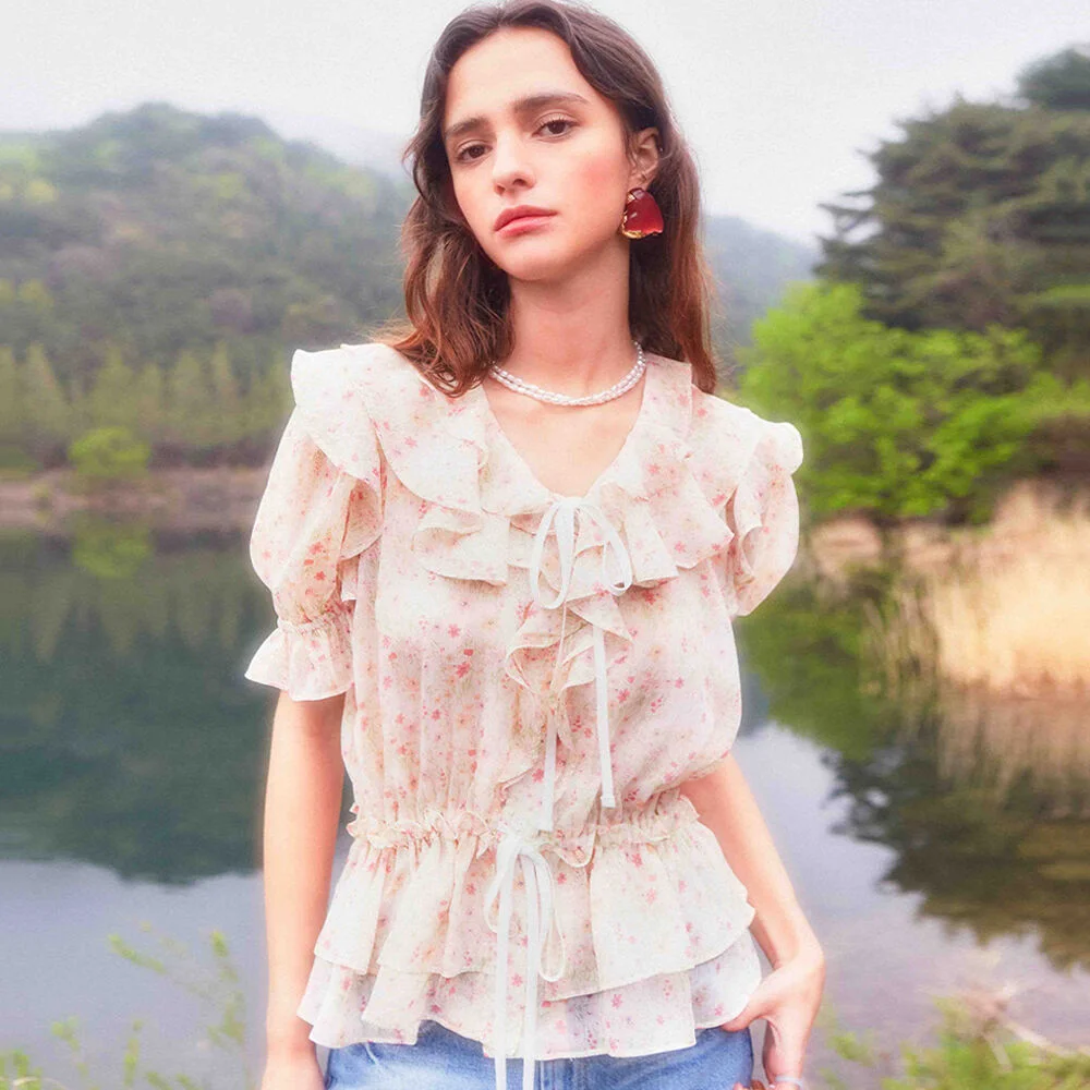 Frill Chiffon Ribbon Blouse (Flower)