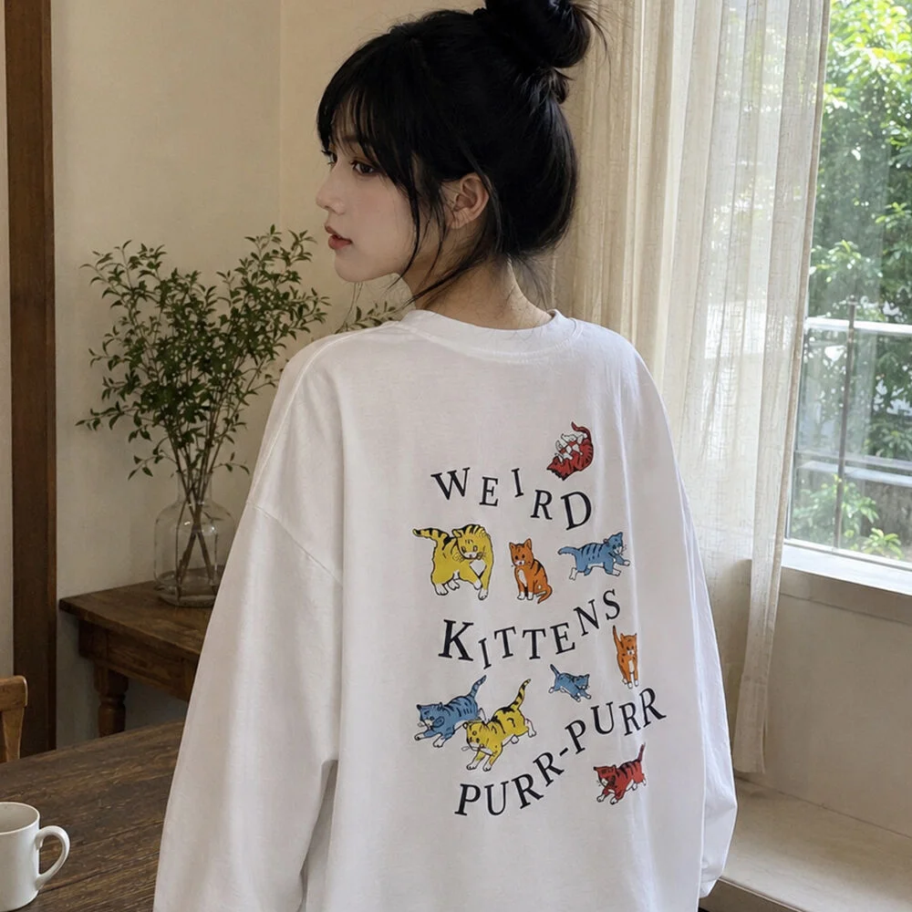 怪異 貓跟 長袖 Star White