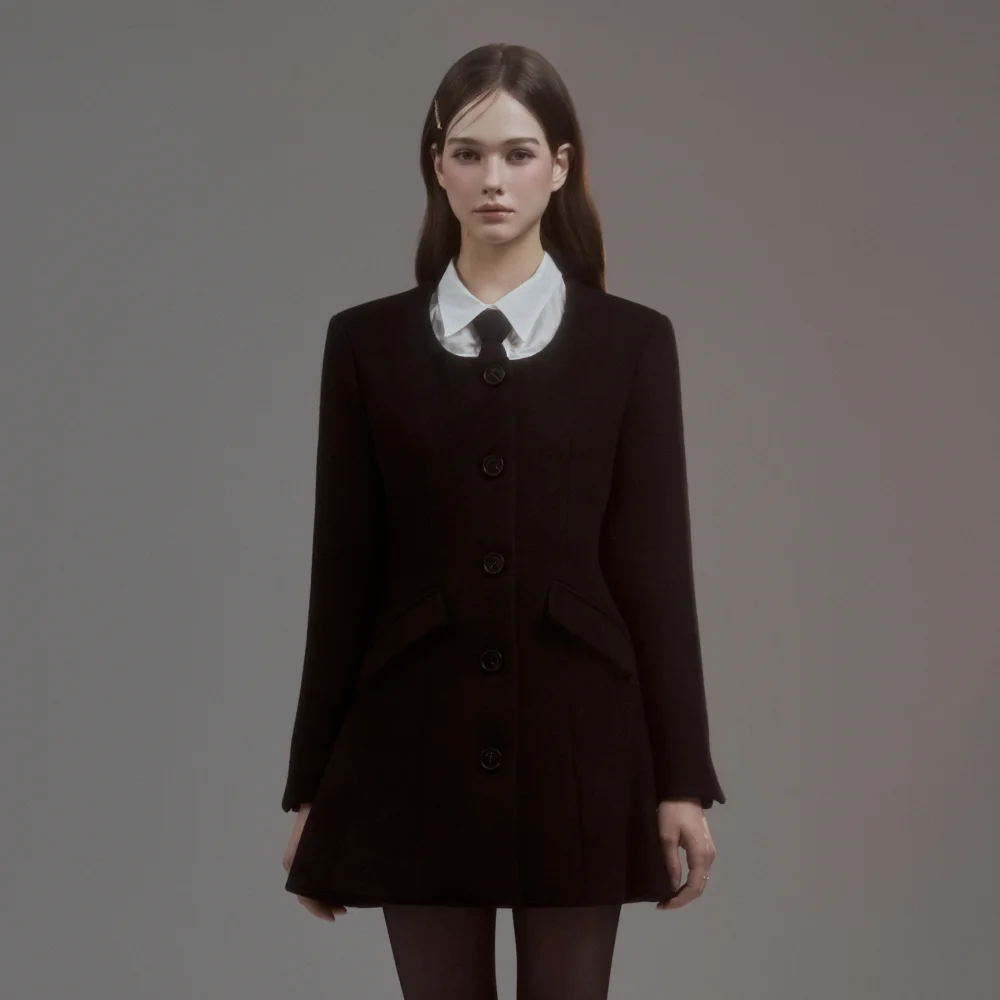 Emma String Round Neck Coat - Black